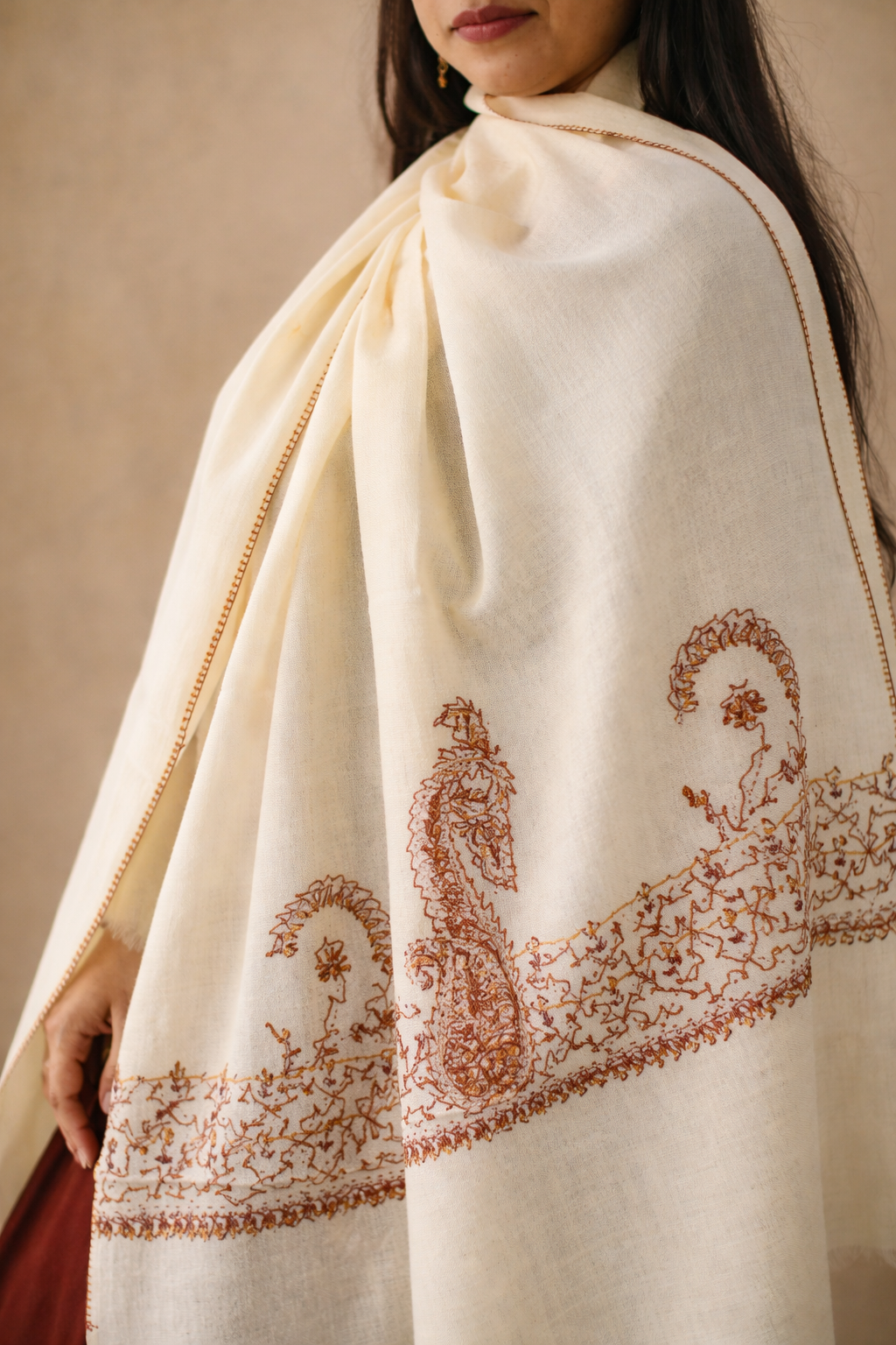 Cream Handmade Kashmiri Embroidered Stole