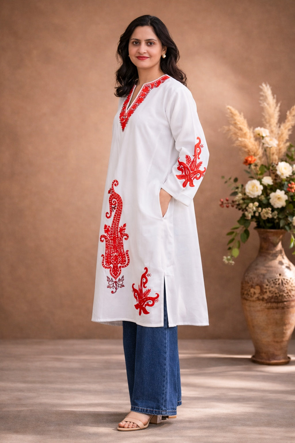 White Phiran with Red Aari Embroidery