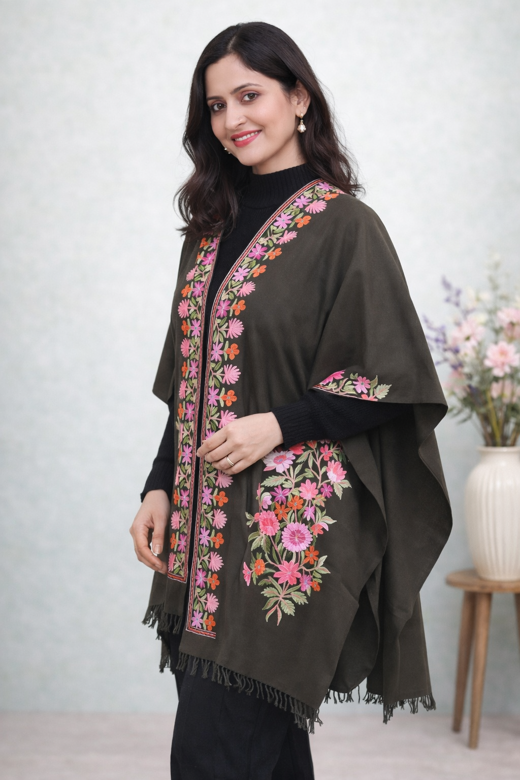 Olive Bloom Kashmiri Aari Cape Shawl