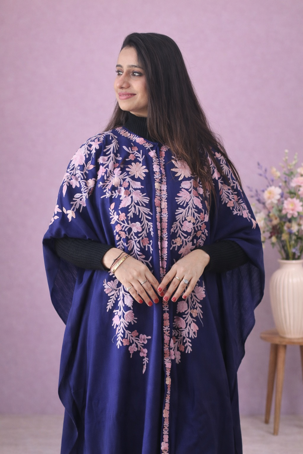 Navy Ivory Kashmiri Aari Cape Shawl