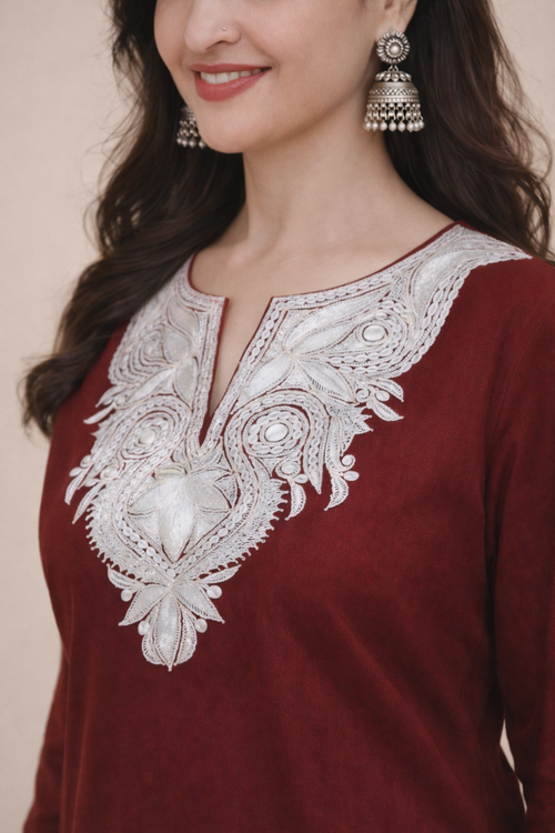 Classic Wine Tilla Embroidered Kashmiri Phiran