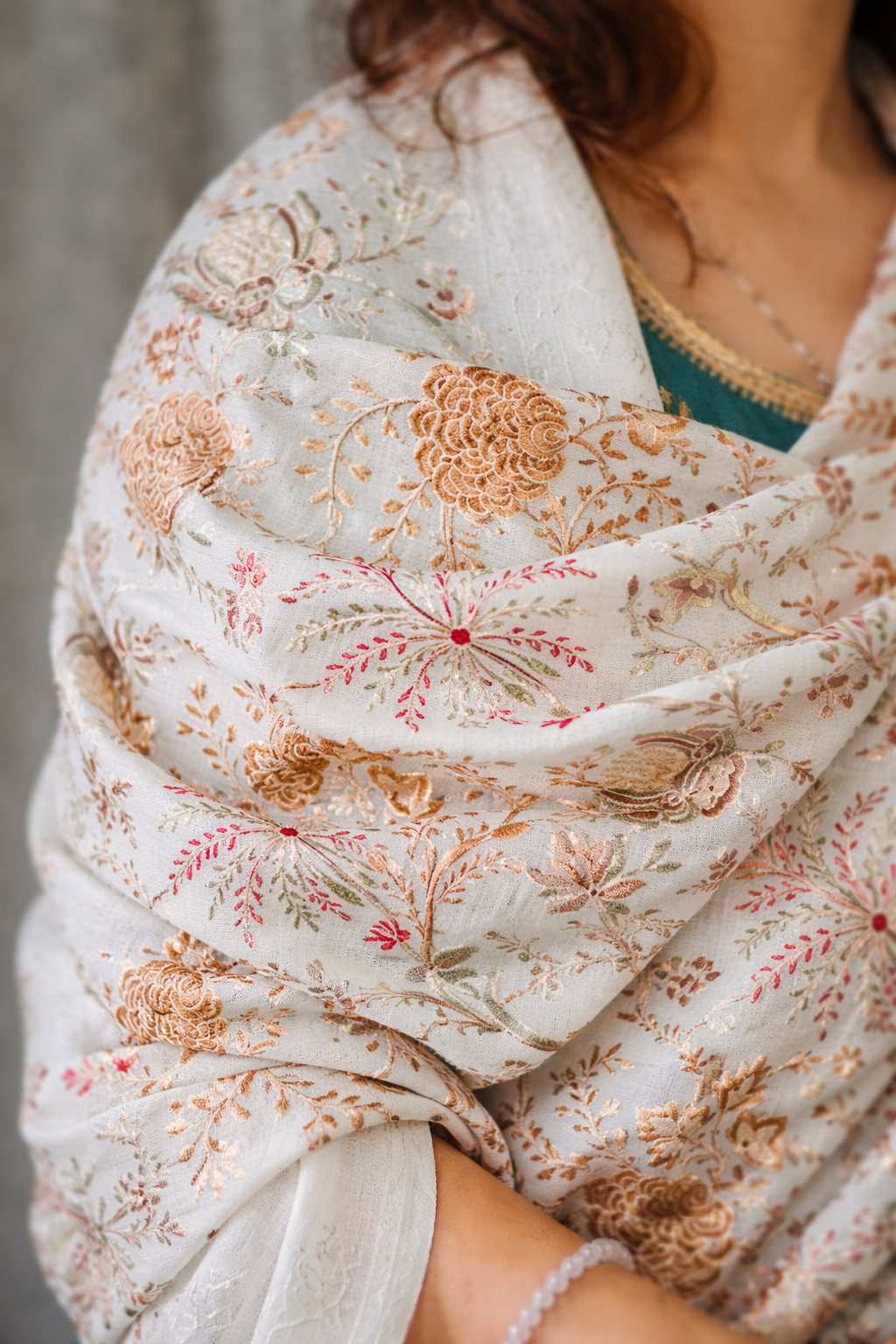 Soft Ivory Kashmiri Embroidery Stole