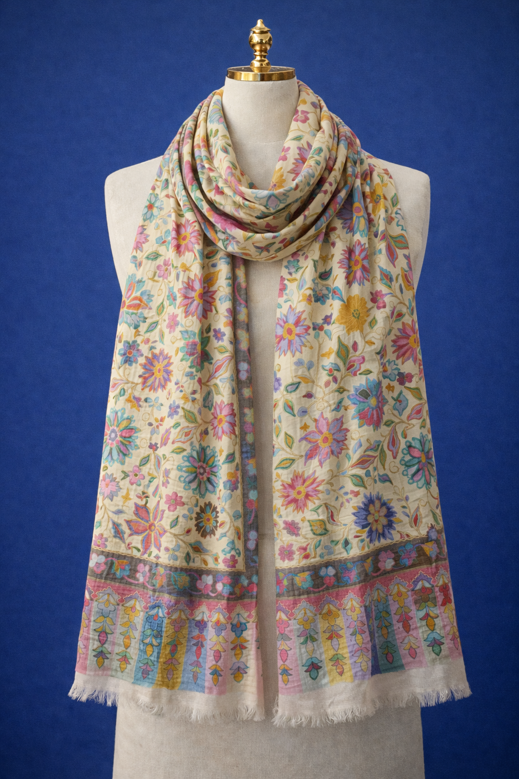 Cream Multicolor Handmade Floral Stole