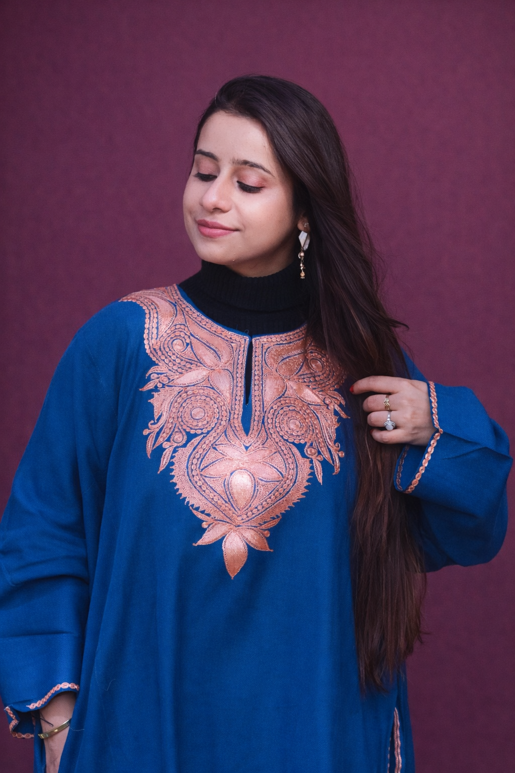 Copper Tilla Royal Blue Kashmiri Phiran