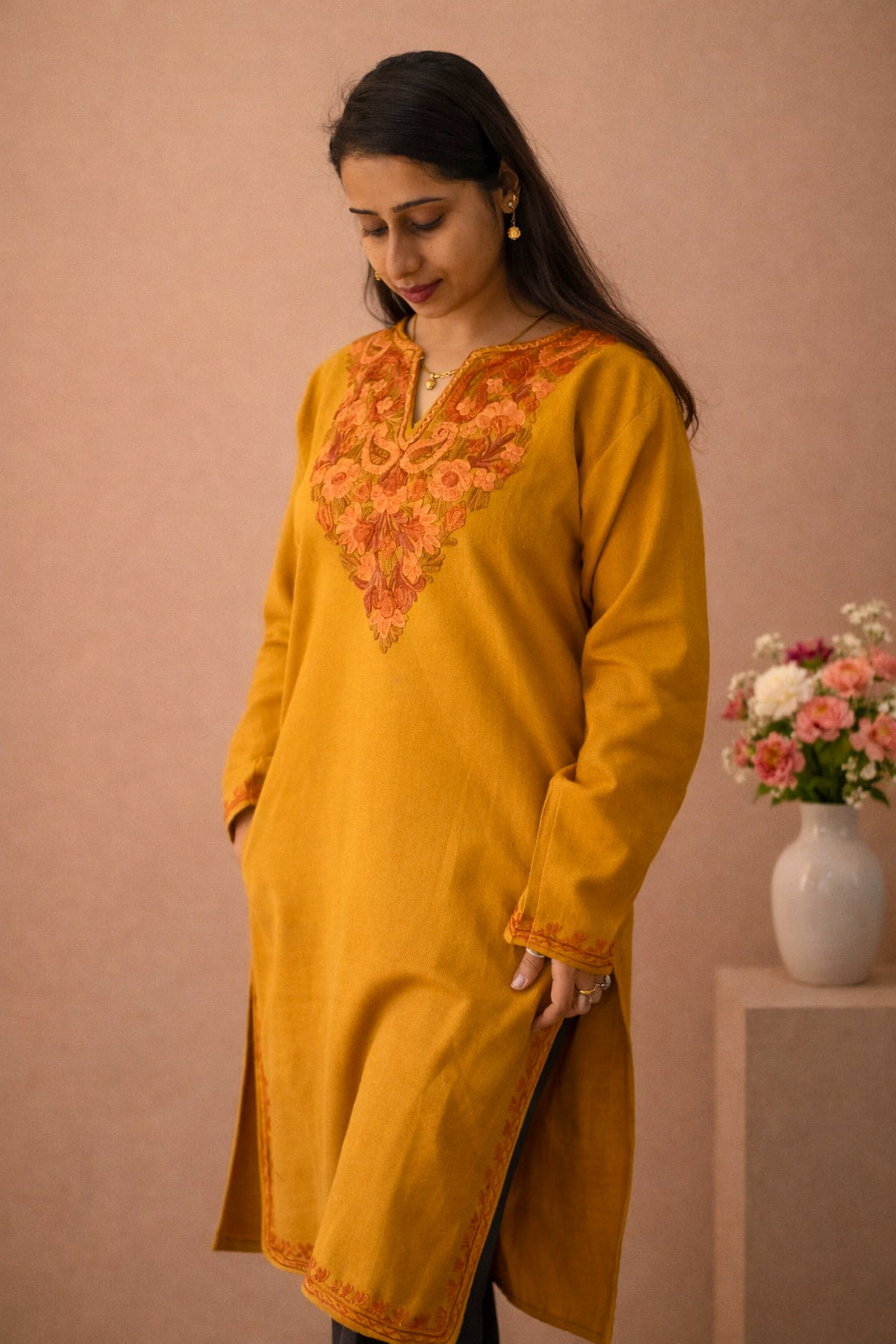 Mustard Winter Long Kurti with Aari Embroidery