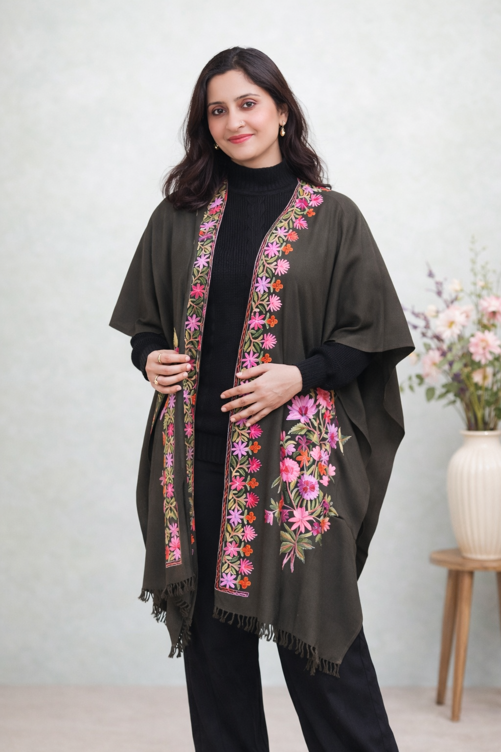 Olive Bloom Kashmiri Aari Cape Shawl