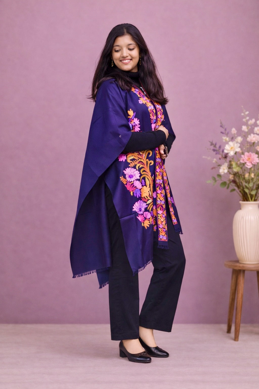 Gulnaar Navy Kashmiri Aari Cape Shawl