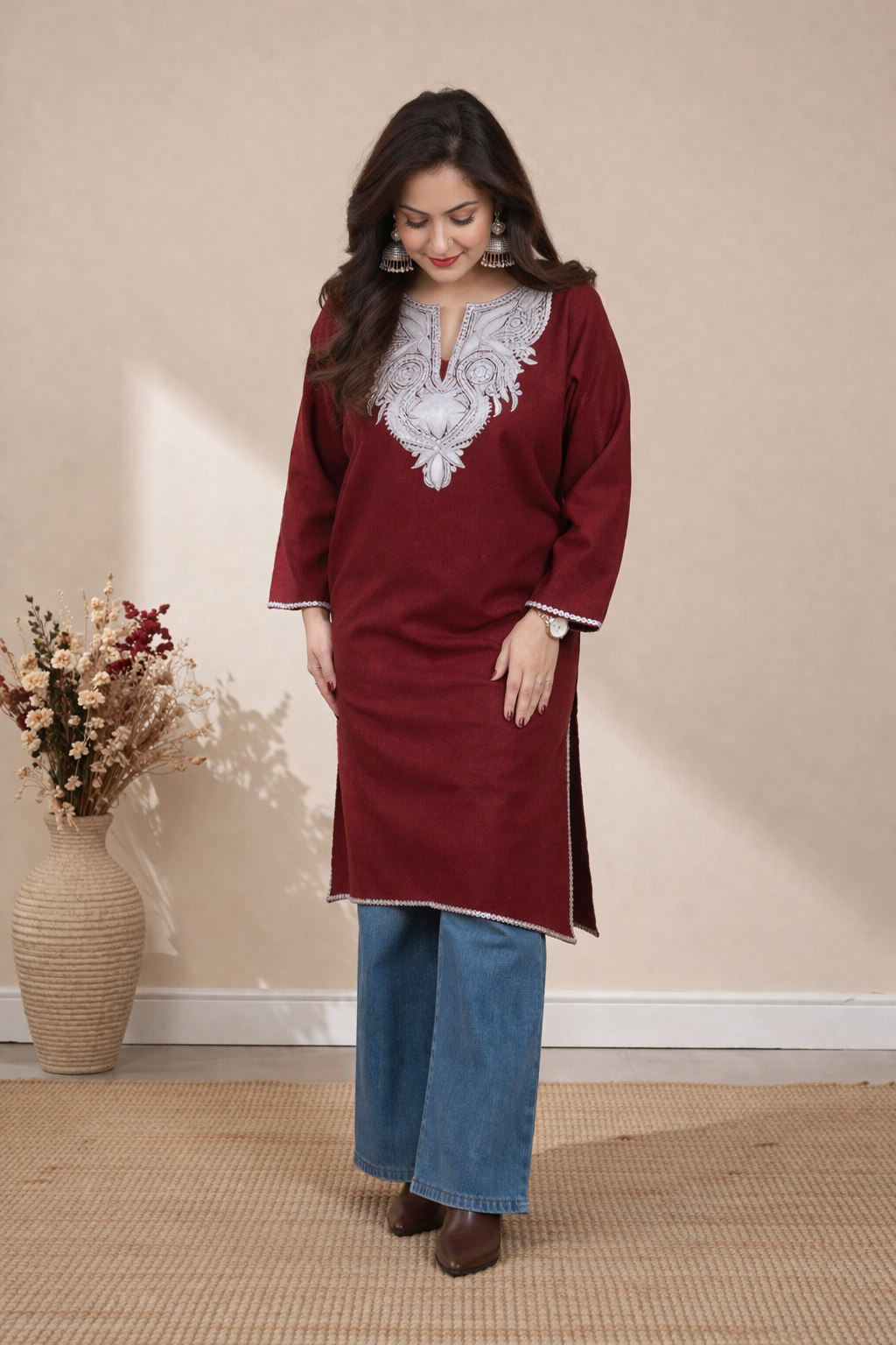 Classic Wine Tilla Embroidered Kashmiri Phiran