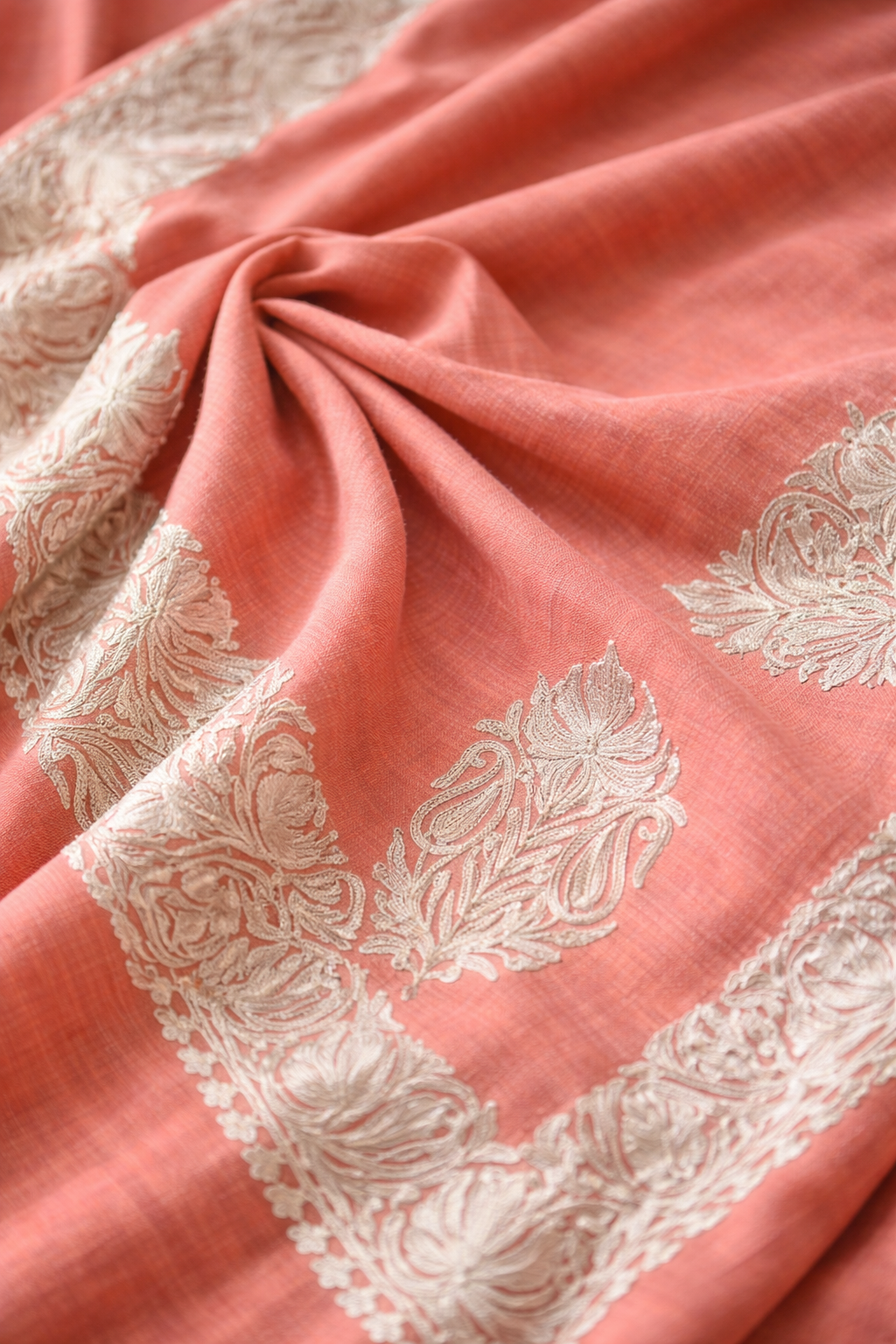 Peach Coral Tilla Flower Pashmina Stole
