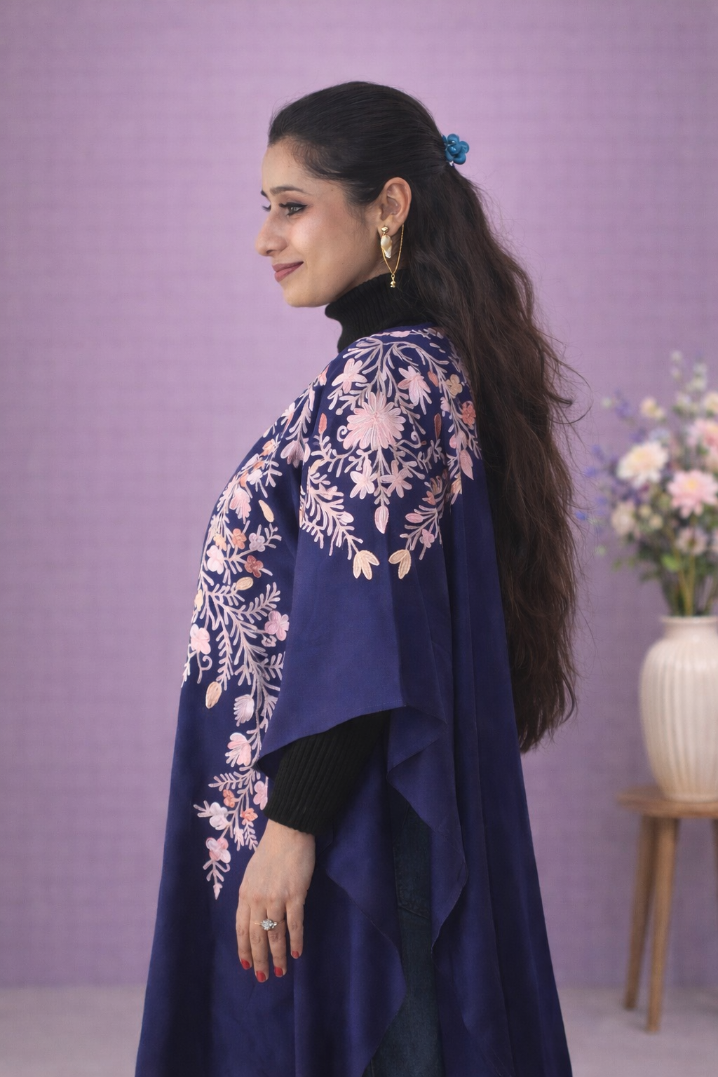 Navy Ivory Kashmiri Aari Cape Shawl