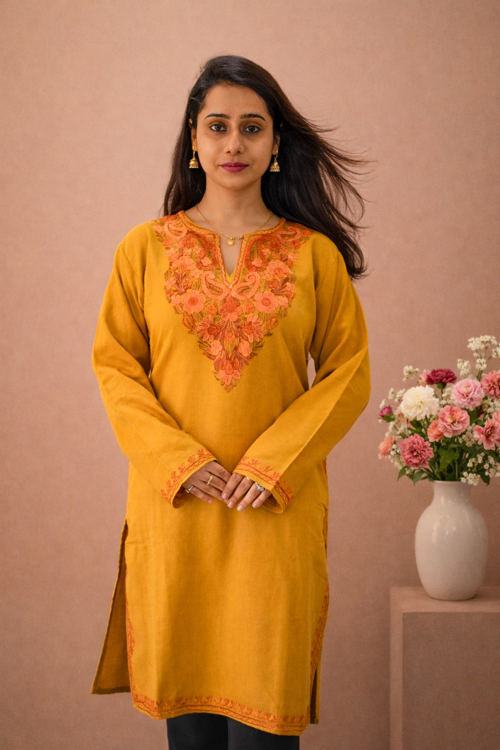 Mustard Winter Long Kurti with Aari Embroidery