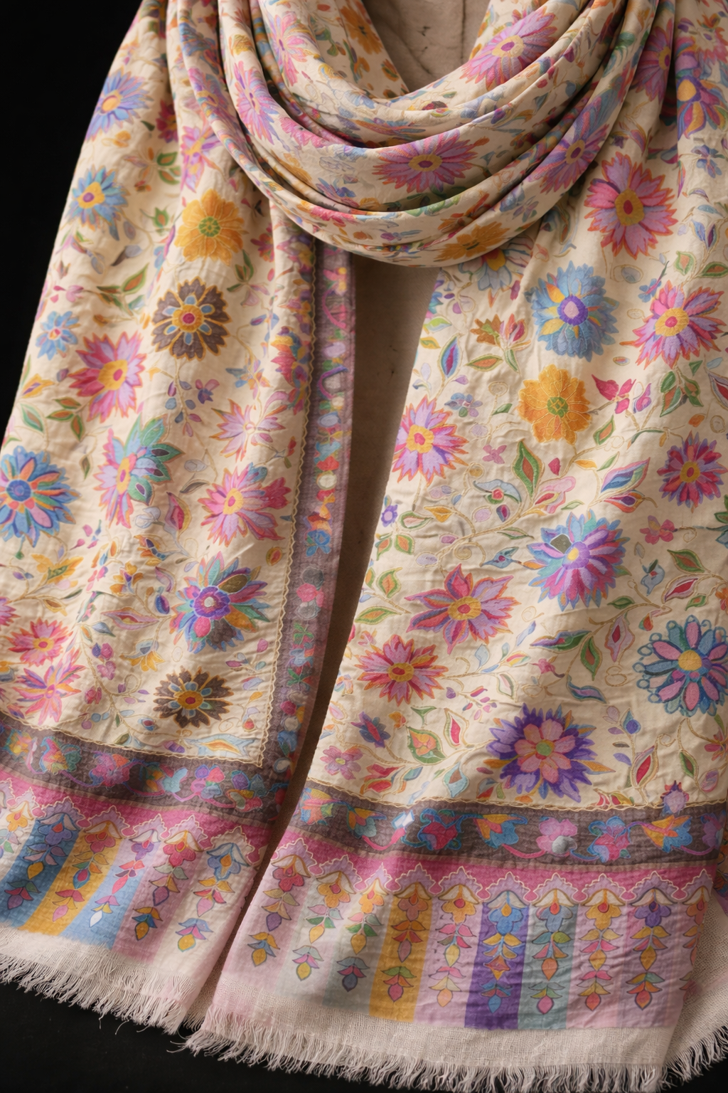 Cream Multicolor Handmade Floral Stole