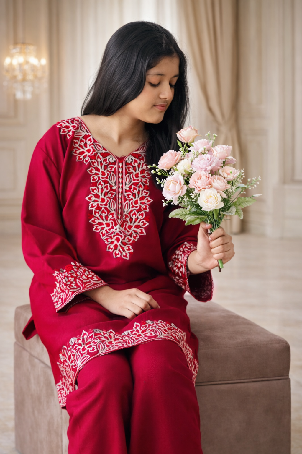 Red Floral Embroidered Cashmilon Cord Set