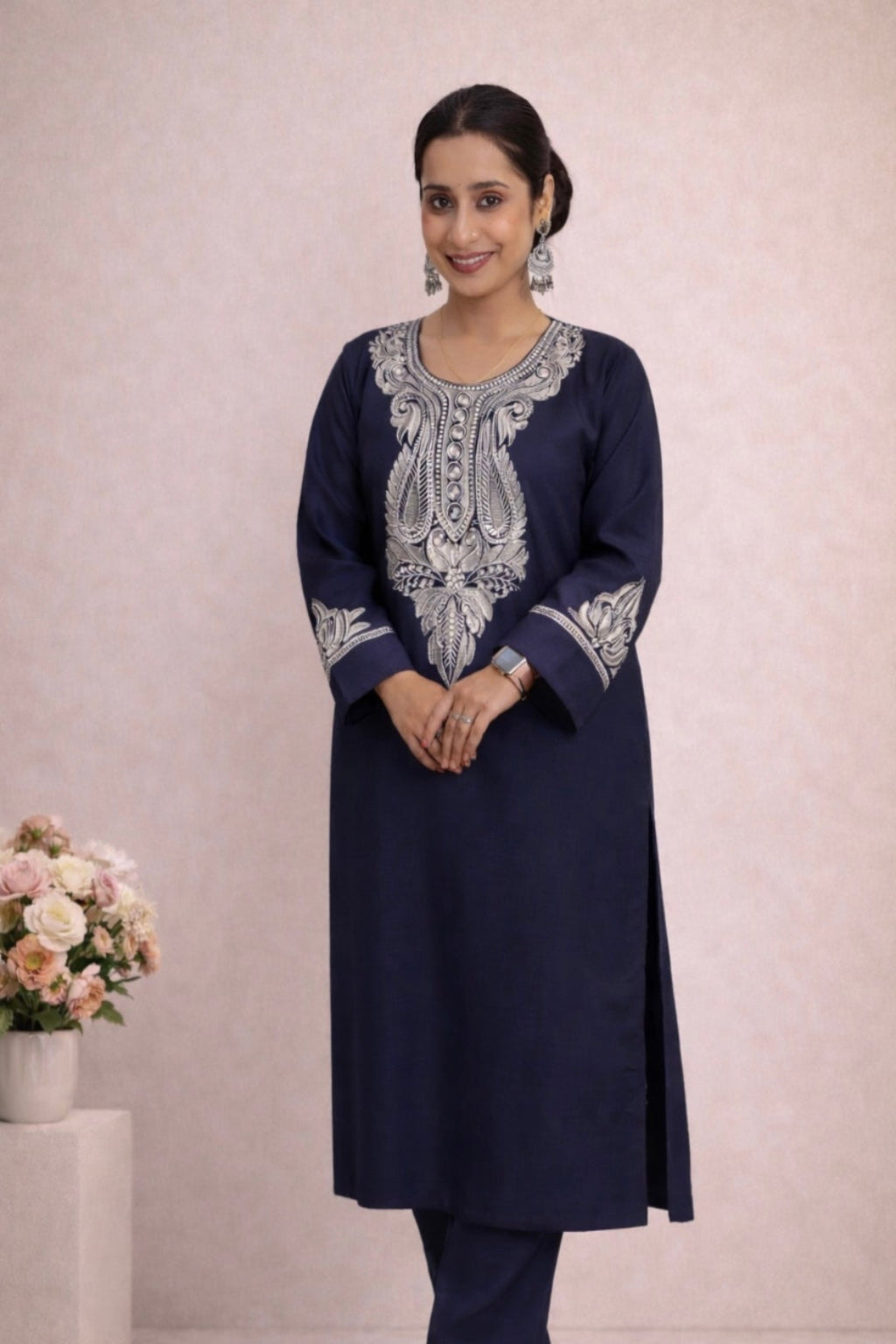 Navy Blue Silver Tilla Kashmiri Phiran Set