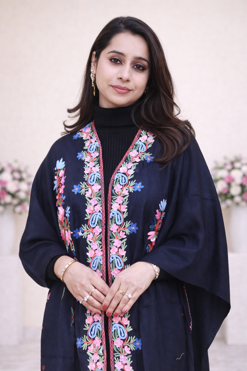 Black Garden Kashmiri Aari Cape Shawl