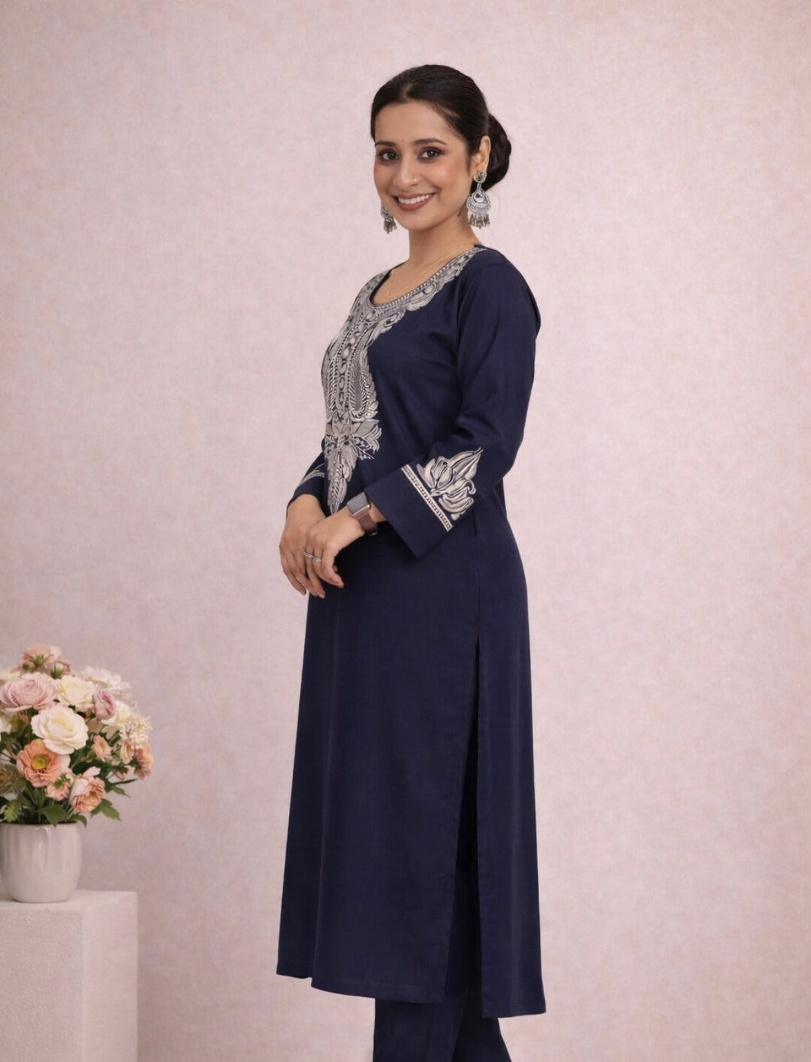 Navy Blue Silver Tilla Kashmiri Phiran Set