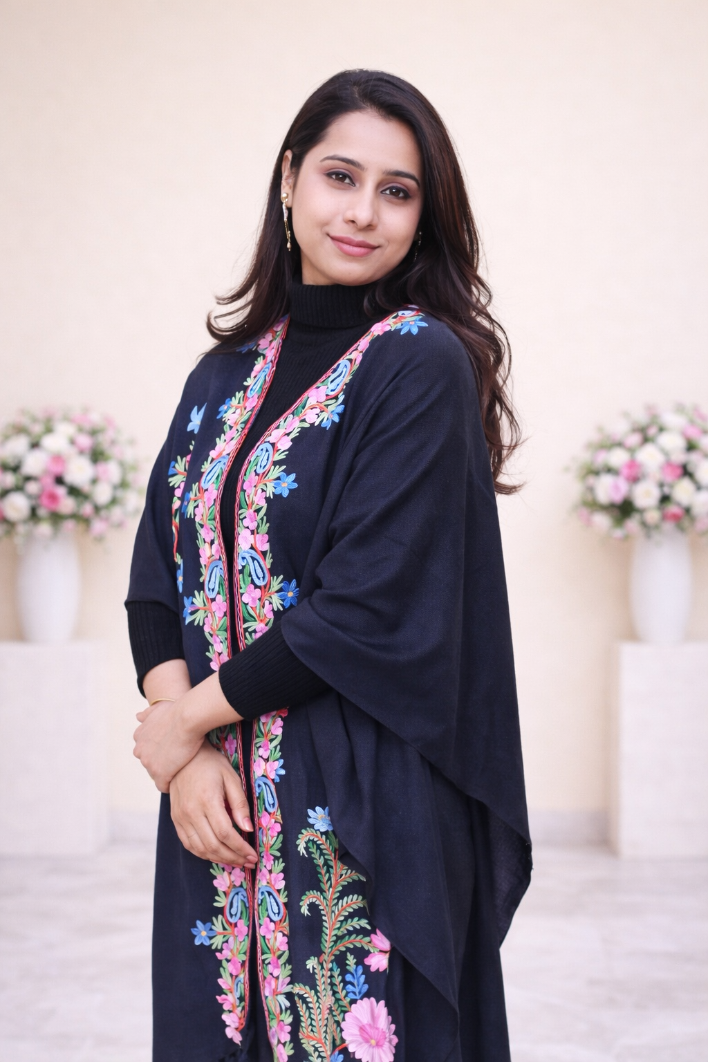 Black Garden Kashmiri Aari Cape Shawl