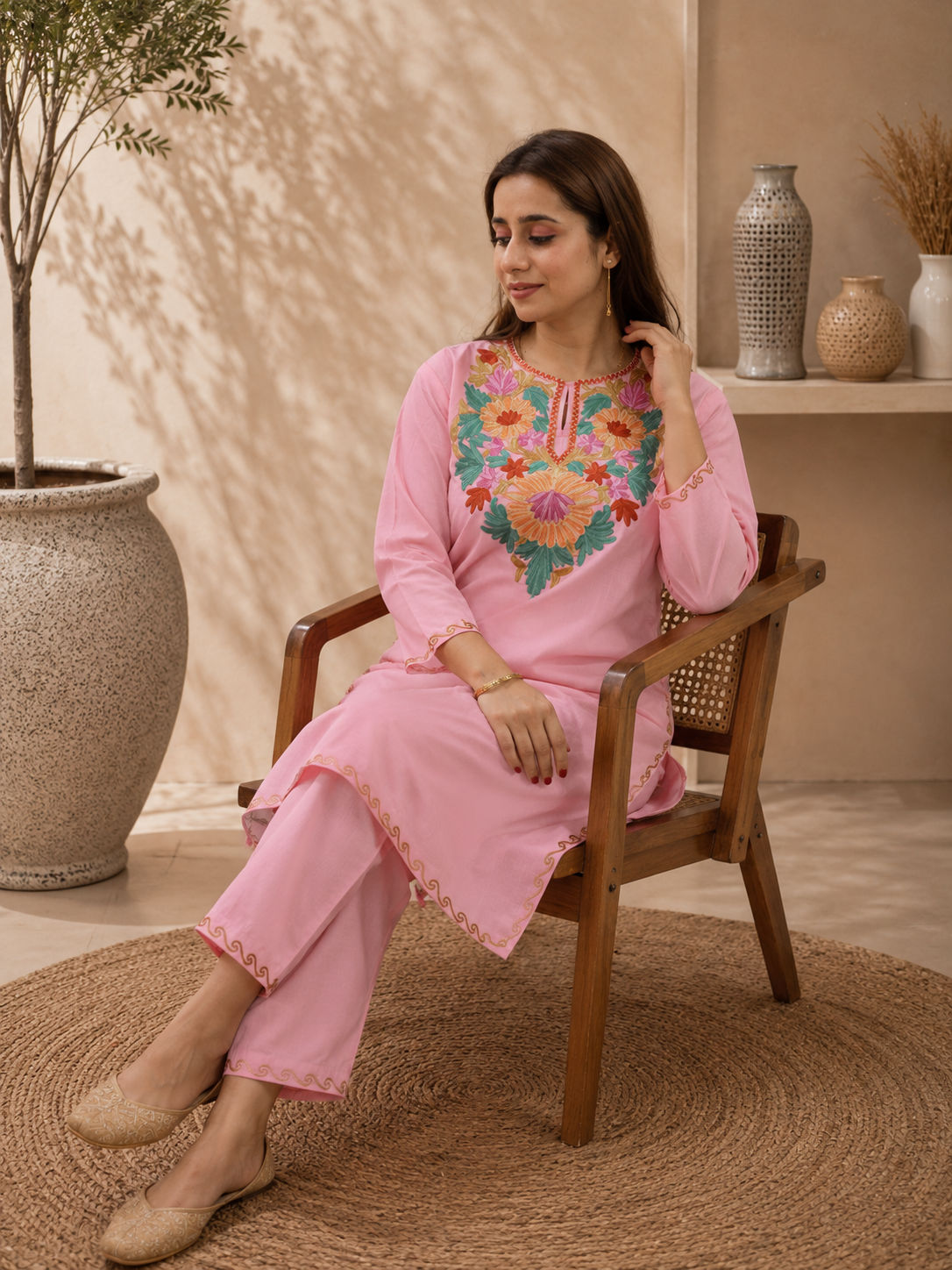 Aari Work Short Cord Set in Pink Green Ruby Cotton