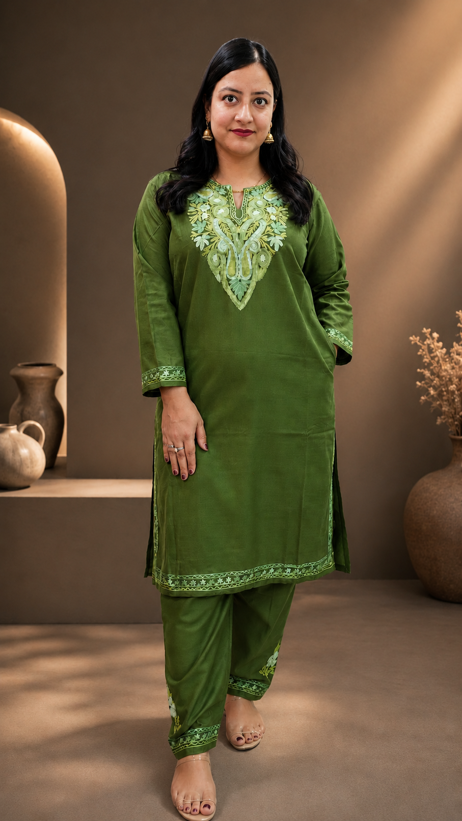 Aari Work Cord Set in Green Ruby Cotton with Floral Motifs