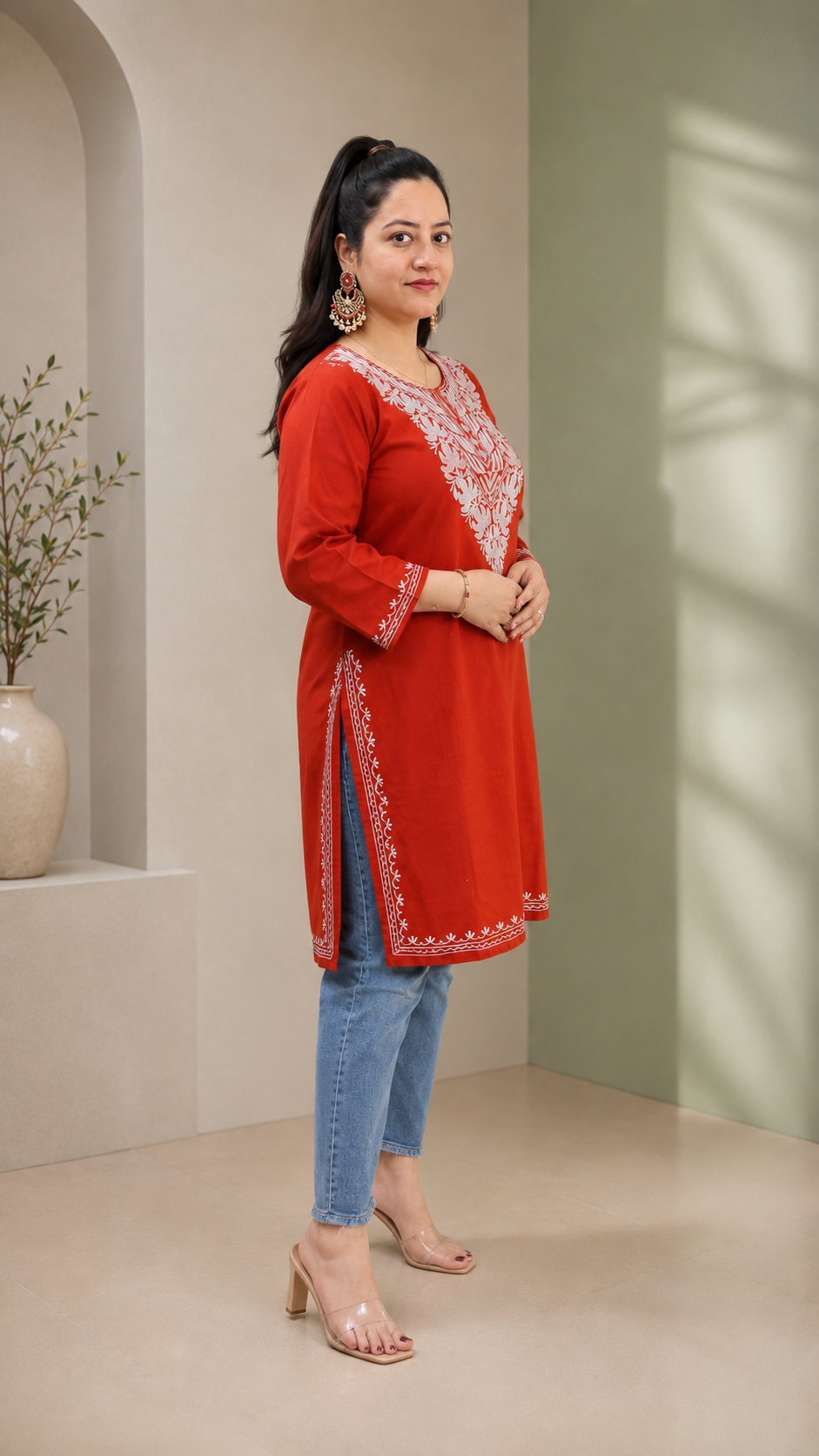 Aari Work Long Kurti in Rust Ruby Cotton
