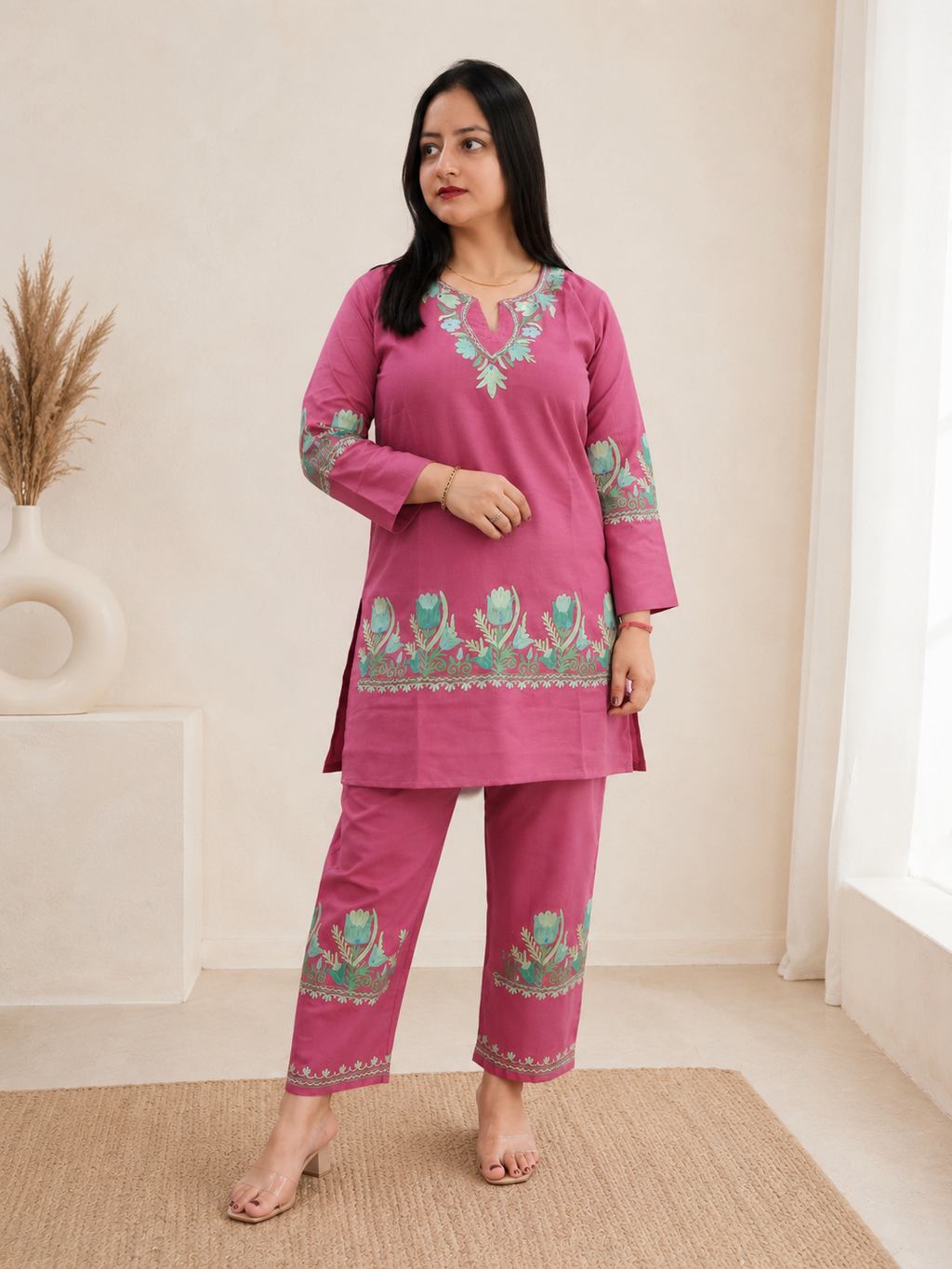 Tulip Aari Work Cord Set in Ruby Cotton with Floral Motifs