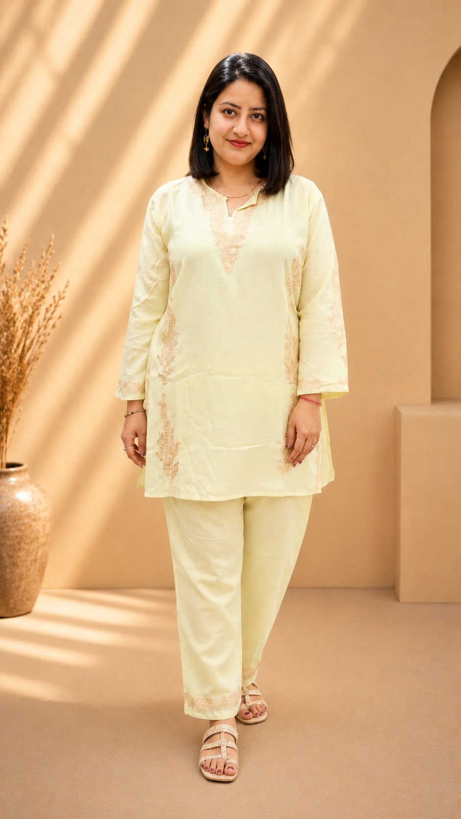 Badami Side Aari Work Cord Set in Light Yellow Ruby Cotton