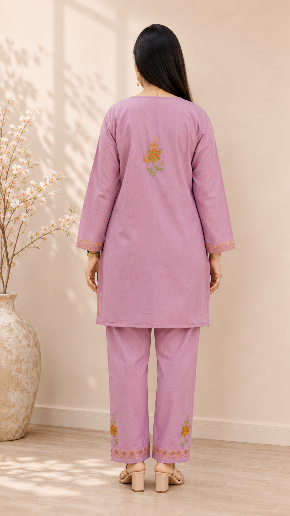 Lavender Ruby Cotton Jali Daman Aari Work Cord Set