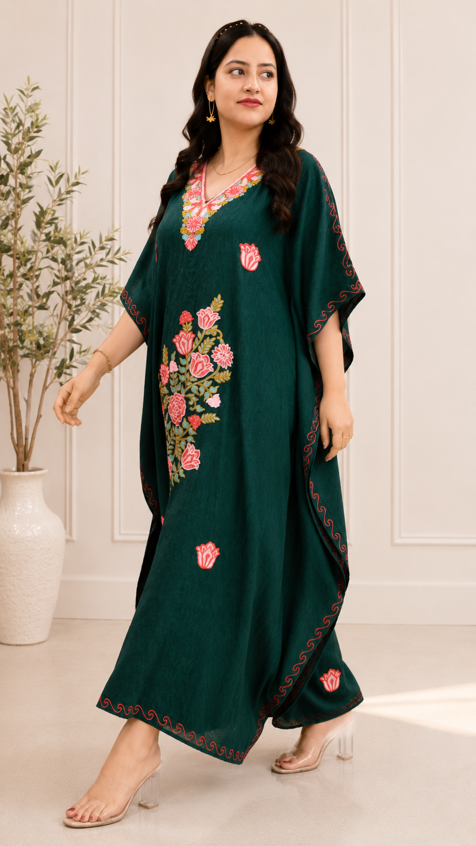 Aari Work Crushed Cotton Kaftan in Dark Green