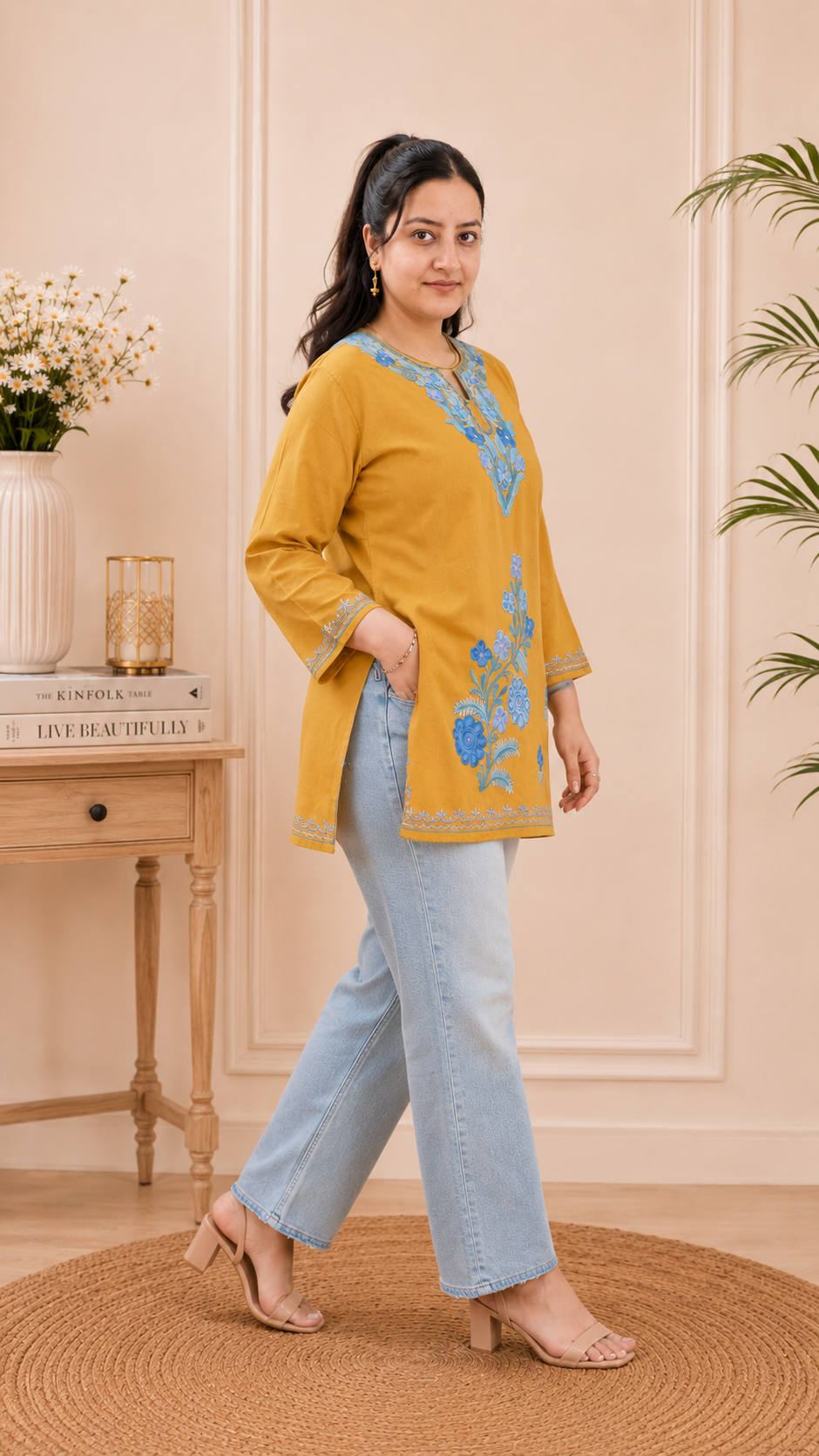 Floral Aari Work Short Kurti in Golden Navy Blue Ruby Cotton