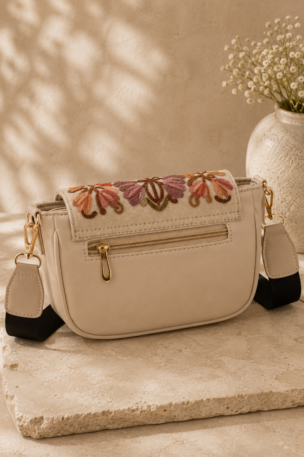 Beige Aari Work Sling Bag with Floral Motif