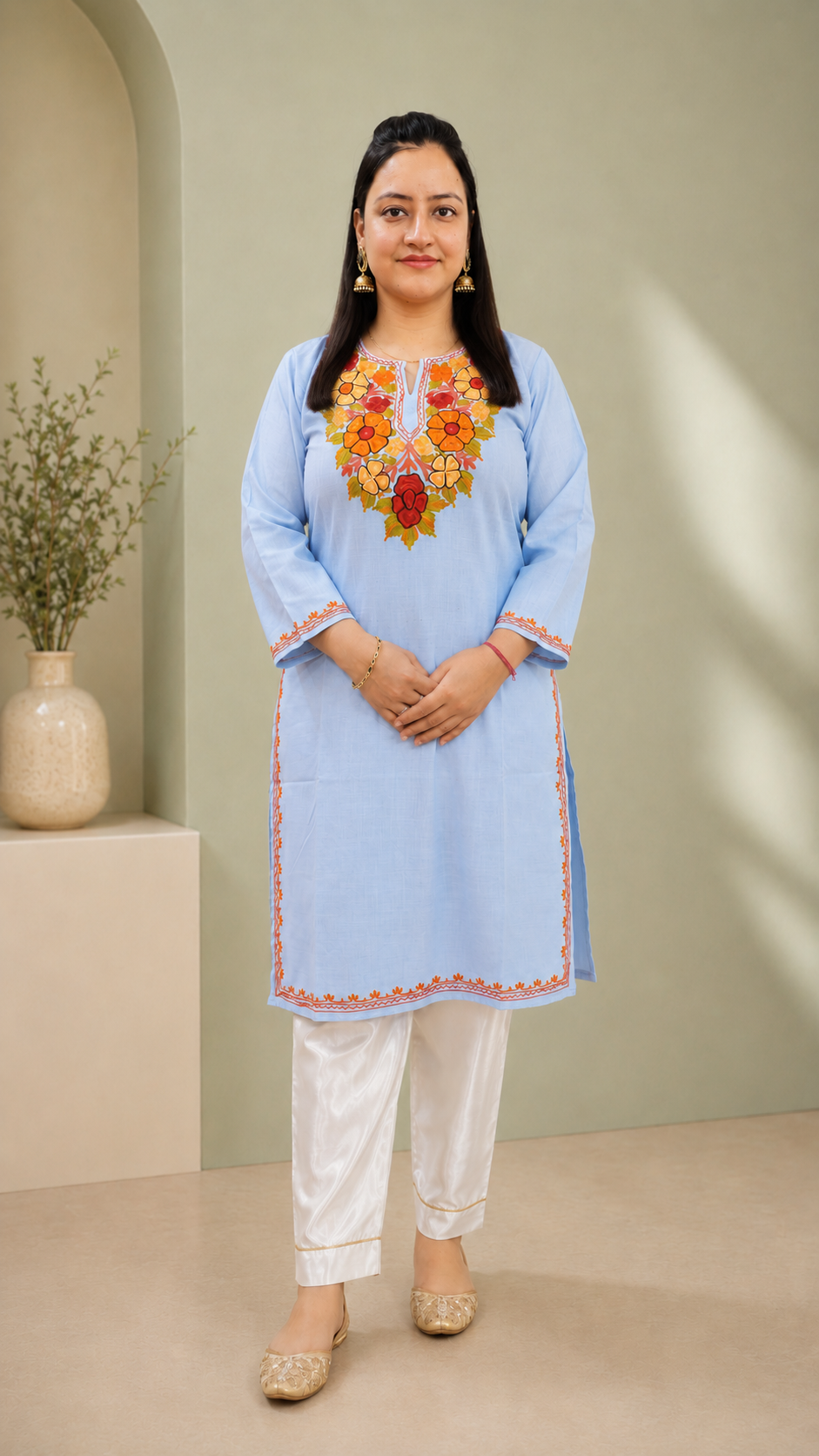 Sky Blue Aari Work Long Kurti in Ruby Cotton