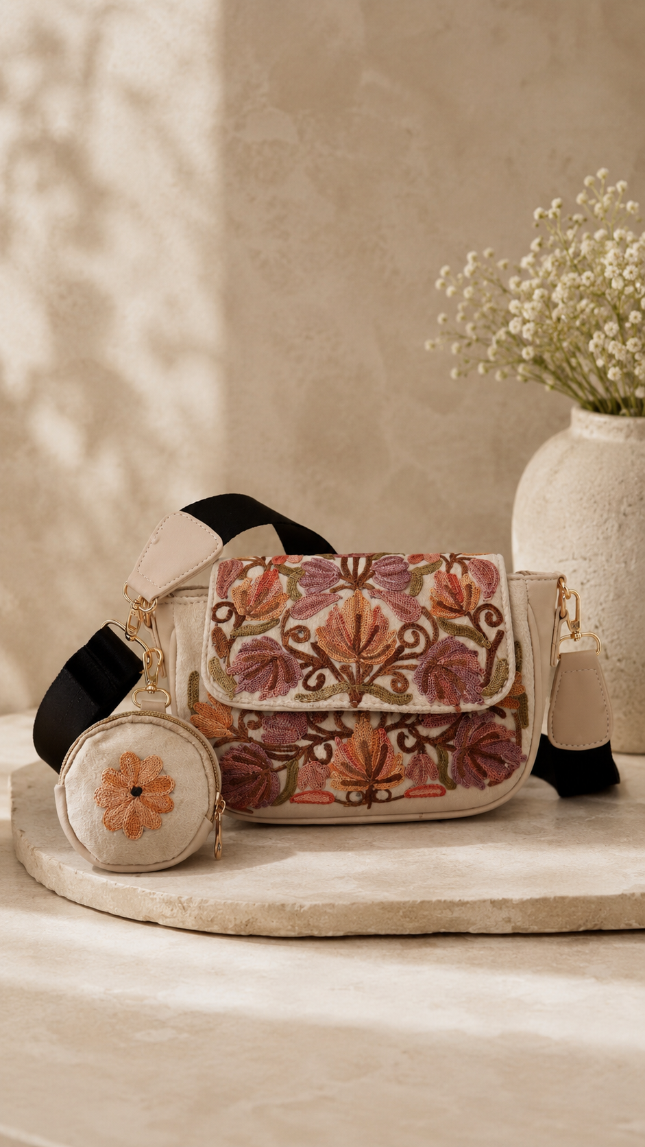 Beige Aari Work Sling Bag with Floral Motif
