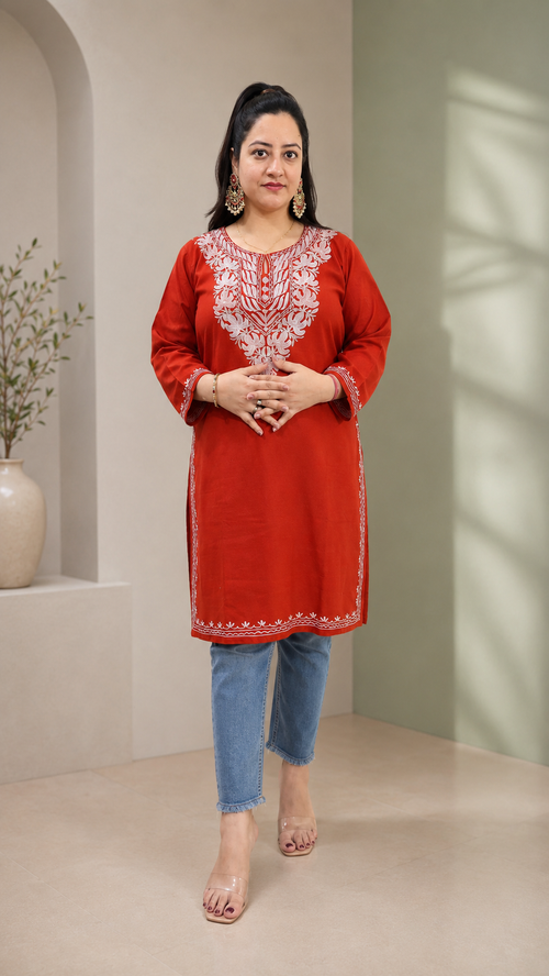 Aari Work Long Kurti in Rust Ruby Cotton