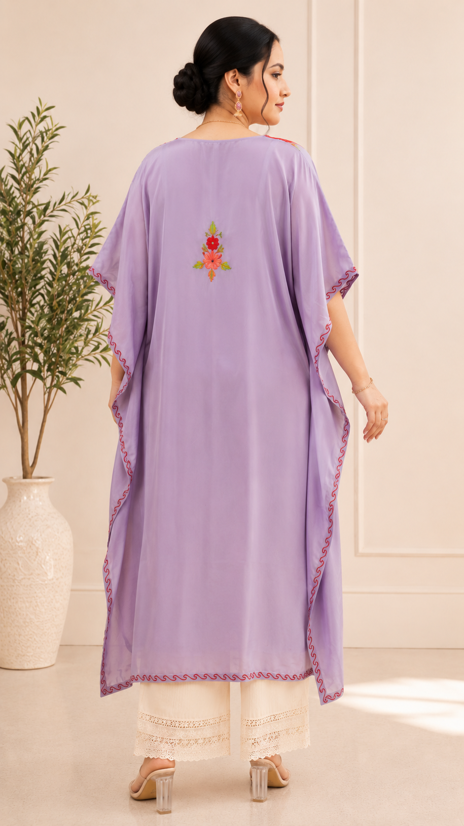 Lavender Crepe Kaftan with Aari Work Floral Motif