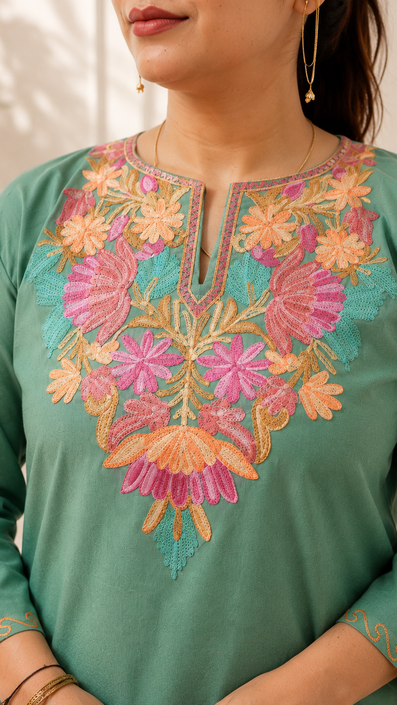 Handcrafted Aari Work Short Cord Set in Sea Green Cotton