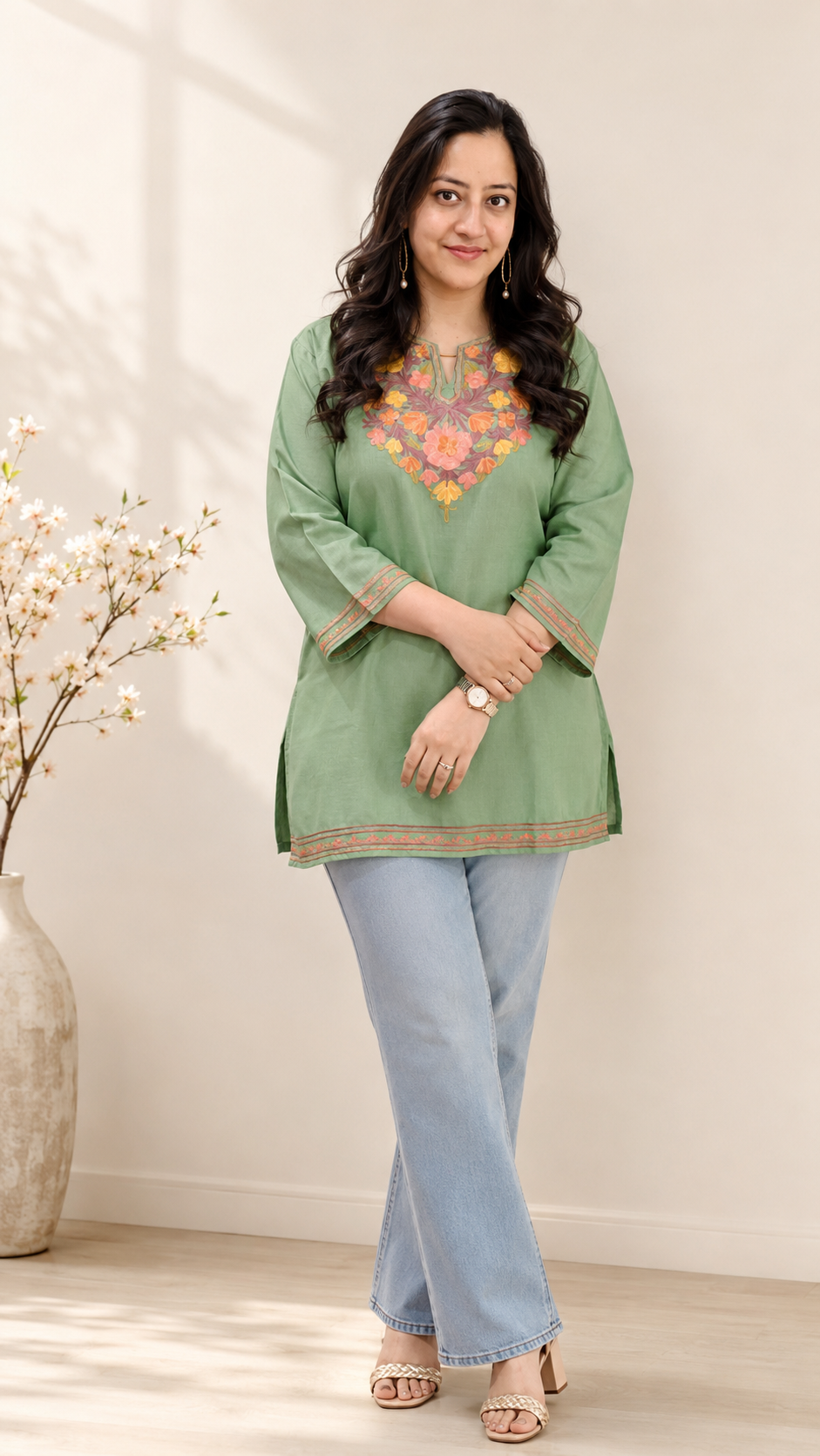 Green Wine Aari Work Short Kurti in Ruby Cotton
