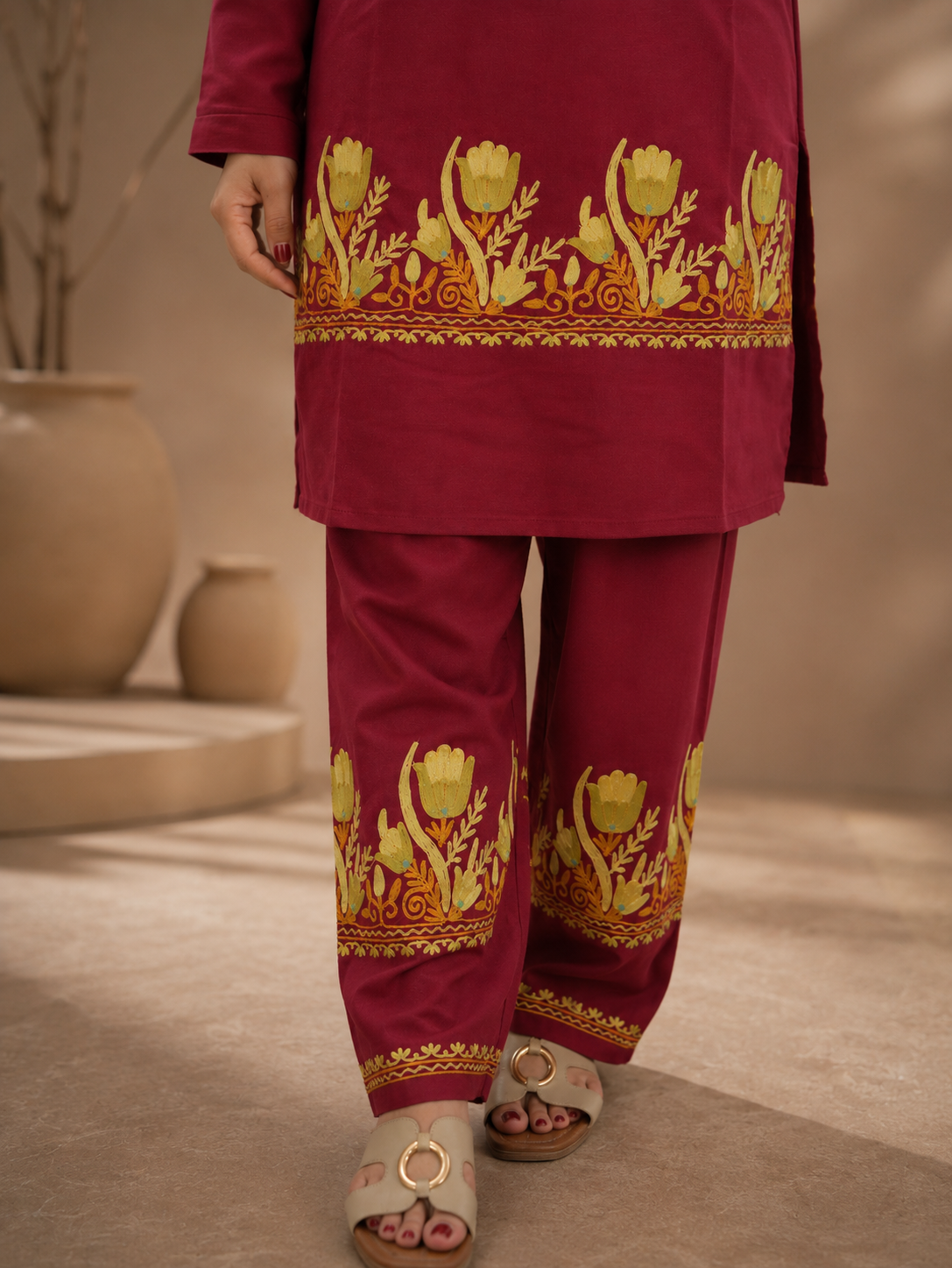 Tulip Aari Work Cord Set in Ruby Cotton with Floral Motifs
