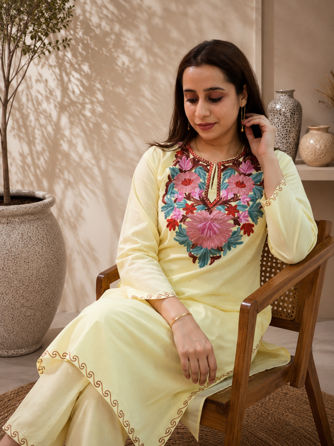 Aari Work Short Cord Set in Light Yellow Ruby Cotton