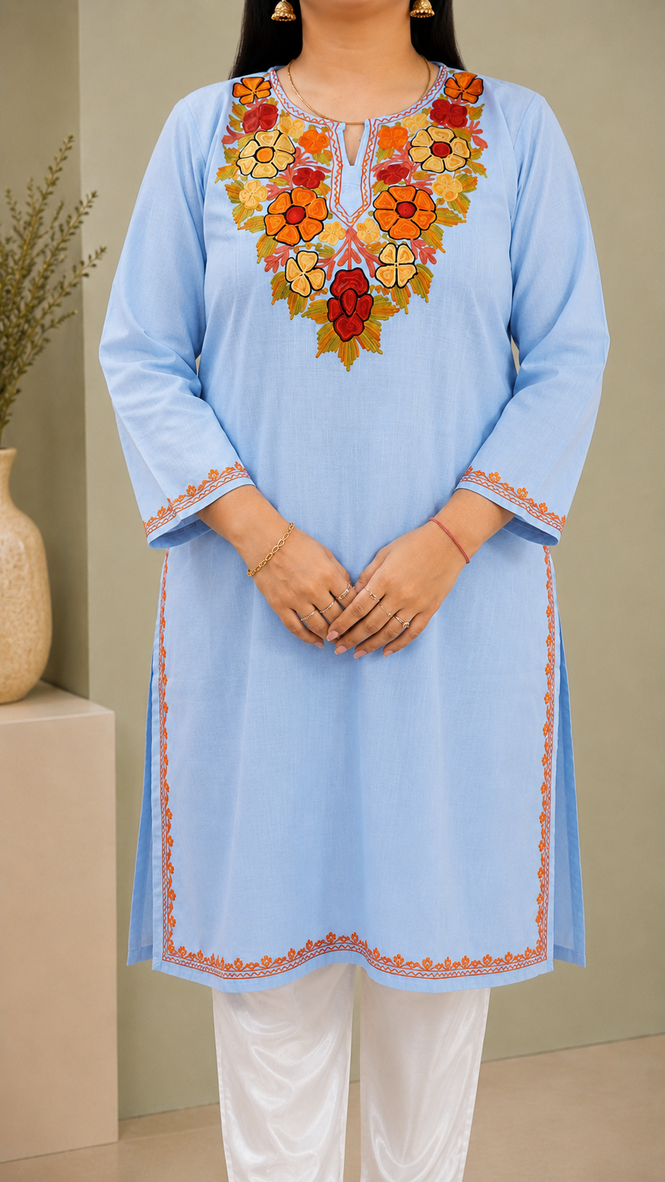 Sky Blue Aari Work Long Kurti in Ruby Cotton