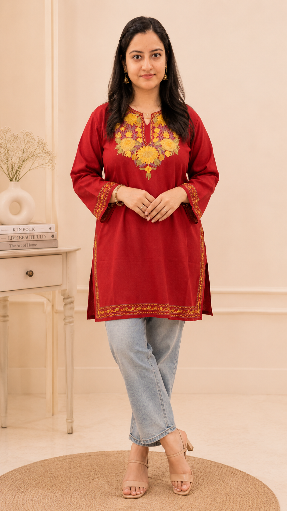 Aari Work Short Kurti in Ruby Cotton with Floral Motifs