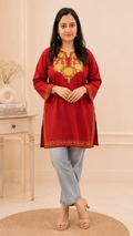 Aari Work Short Kurti in Ruby Cotton with Floral Motifs
