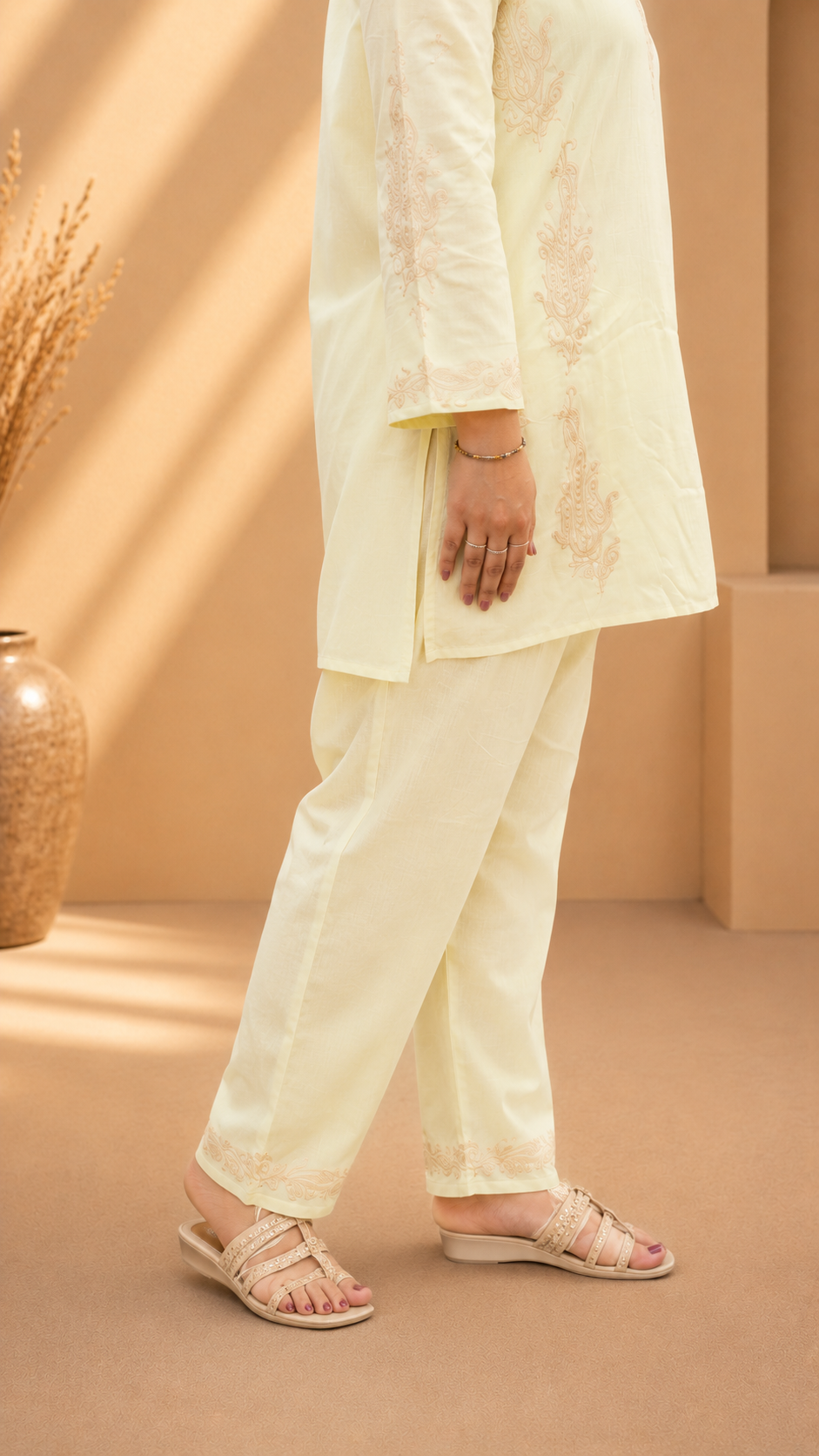 Badami Side Aari Work Cord Set in Light Yellow Ruby Cotton