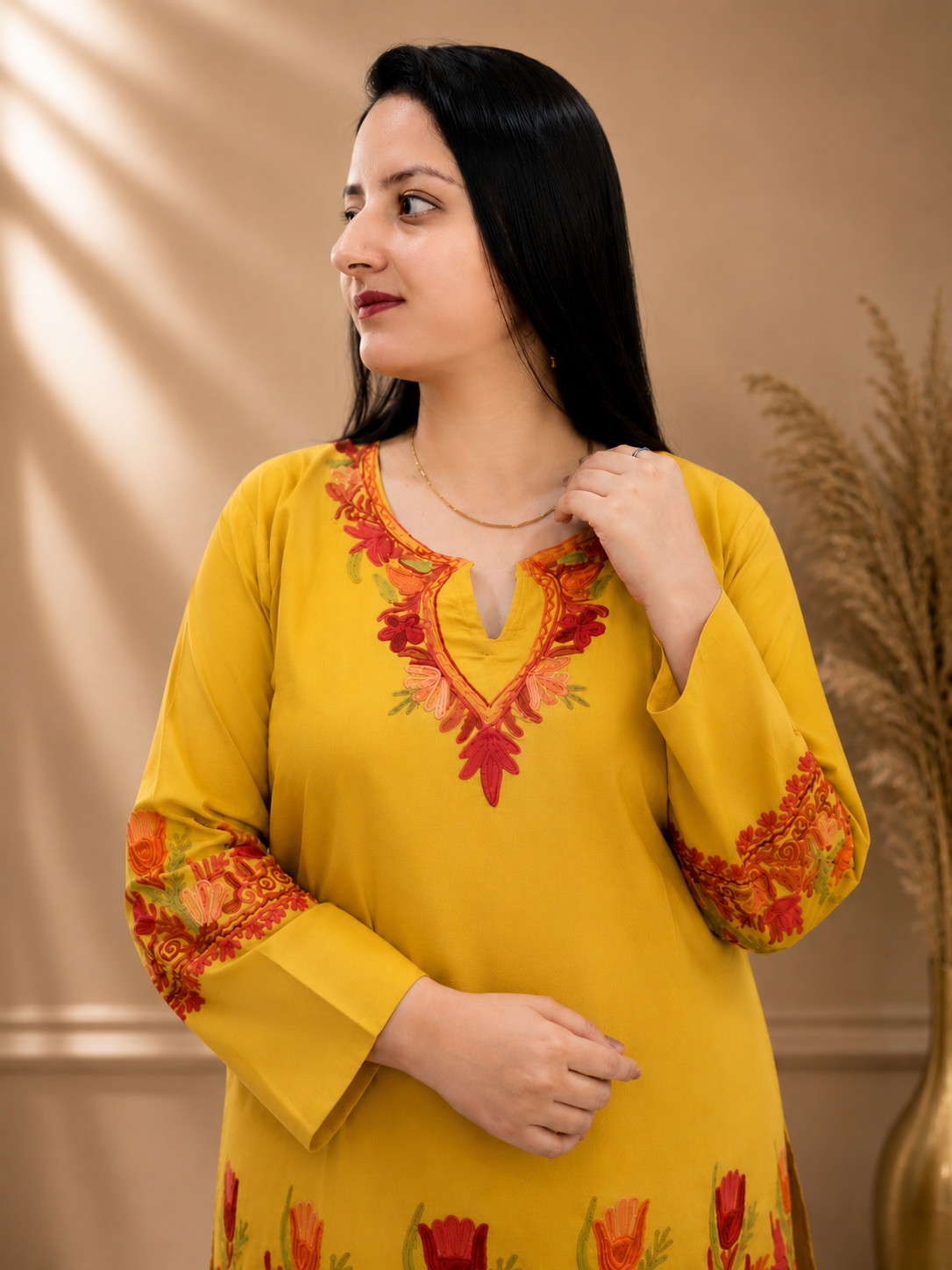 Tulip Aari Work Cord Set in Mustard Ruby Cotton