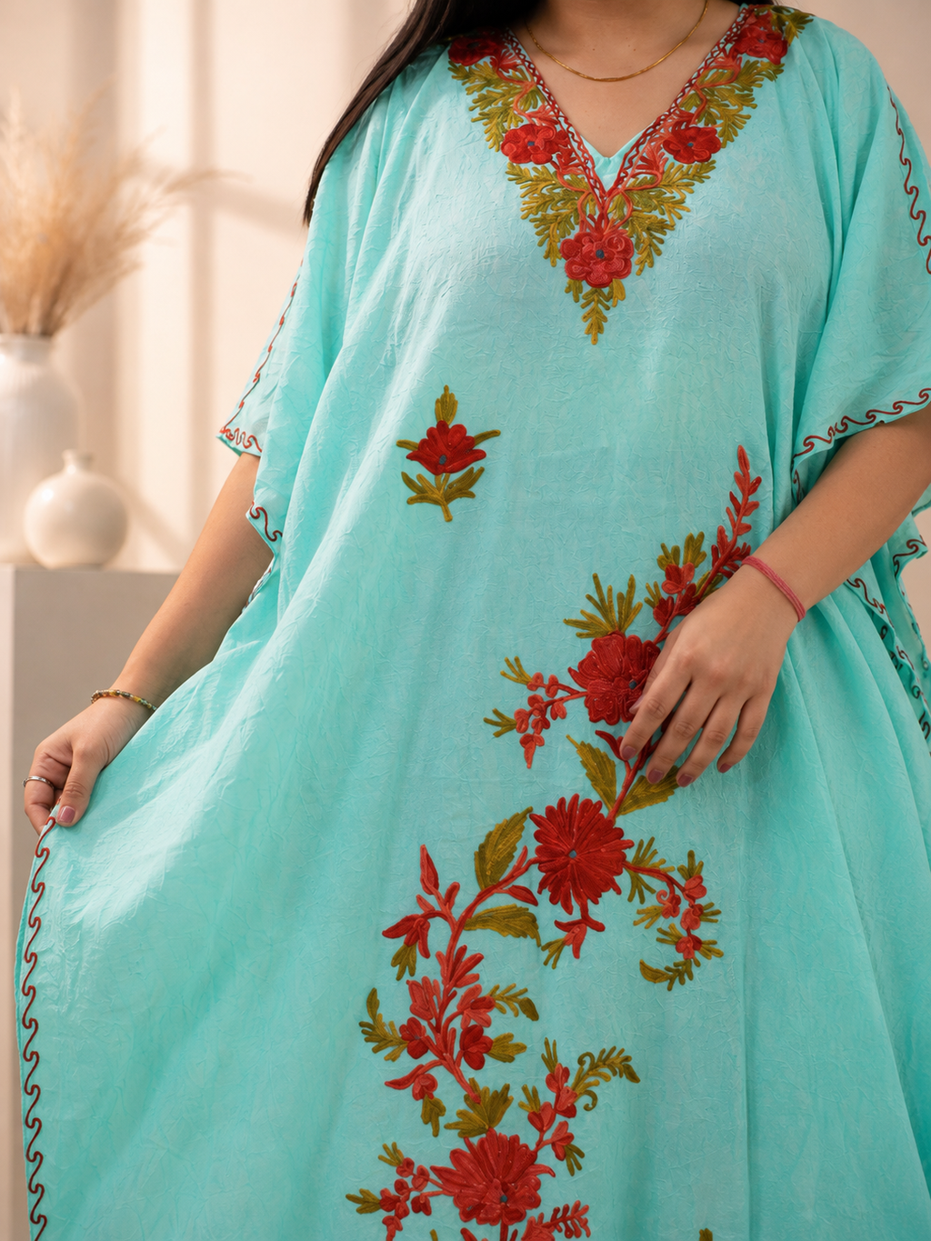 Aari Work Crushed Cotton Kaftan in Serene Sea Green