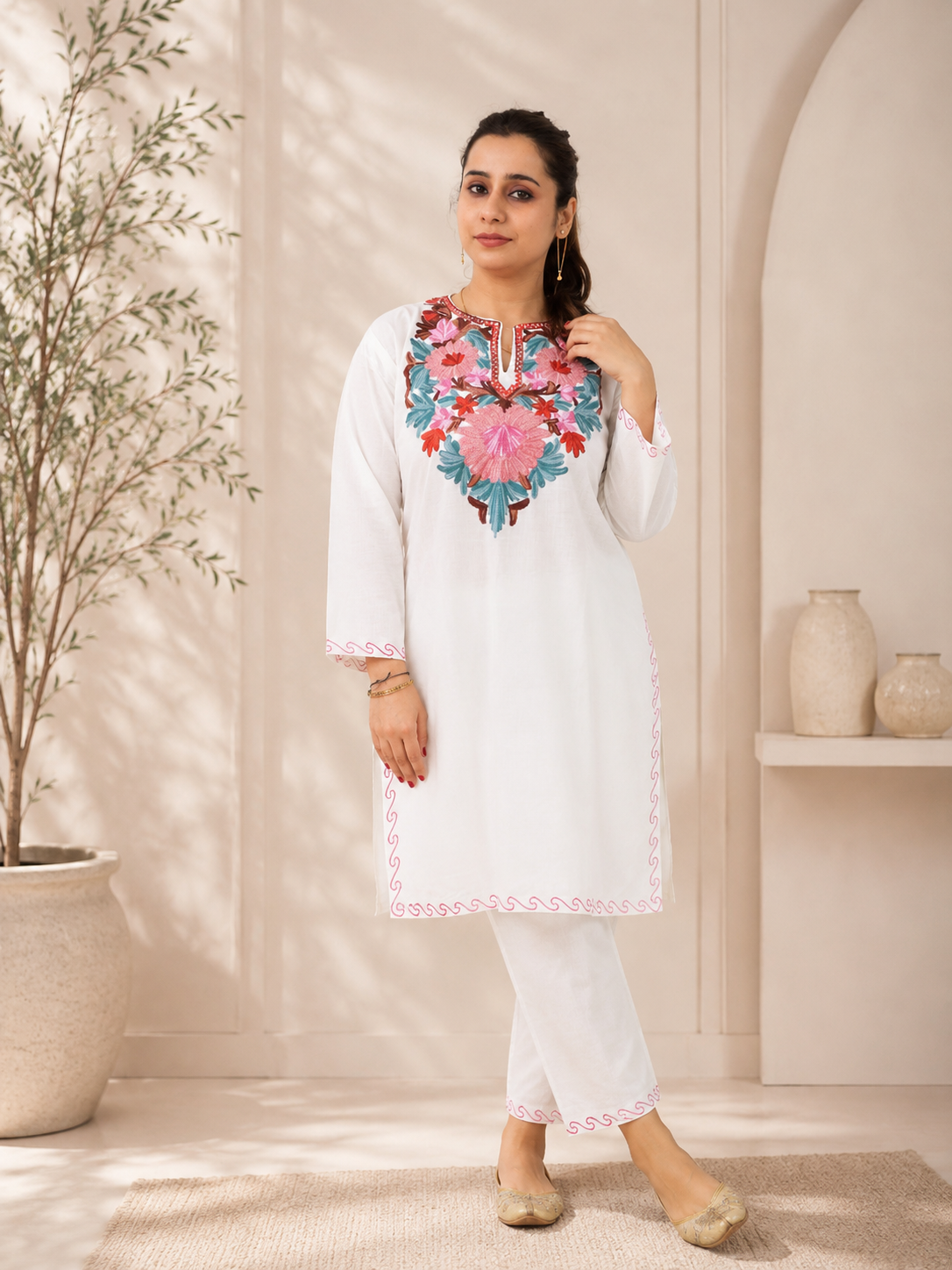 Aari Work Short Cord Set in White Ruby Cotton