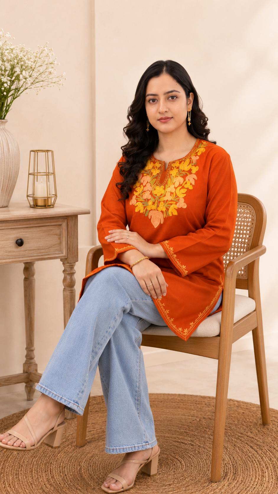 Rust Green Aari Work Short Kurti in Ruby Cotton