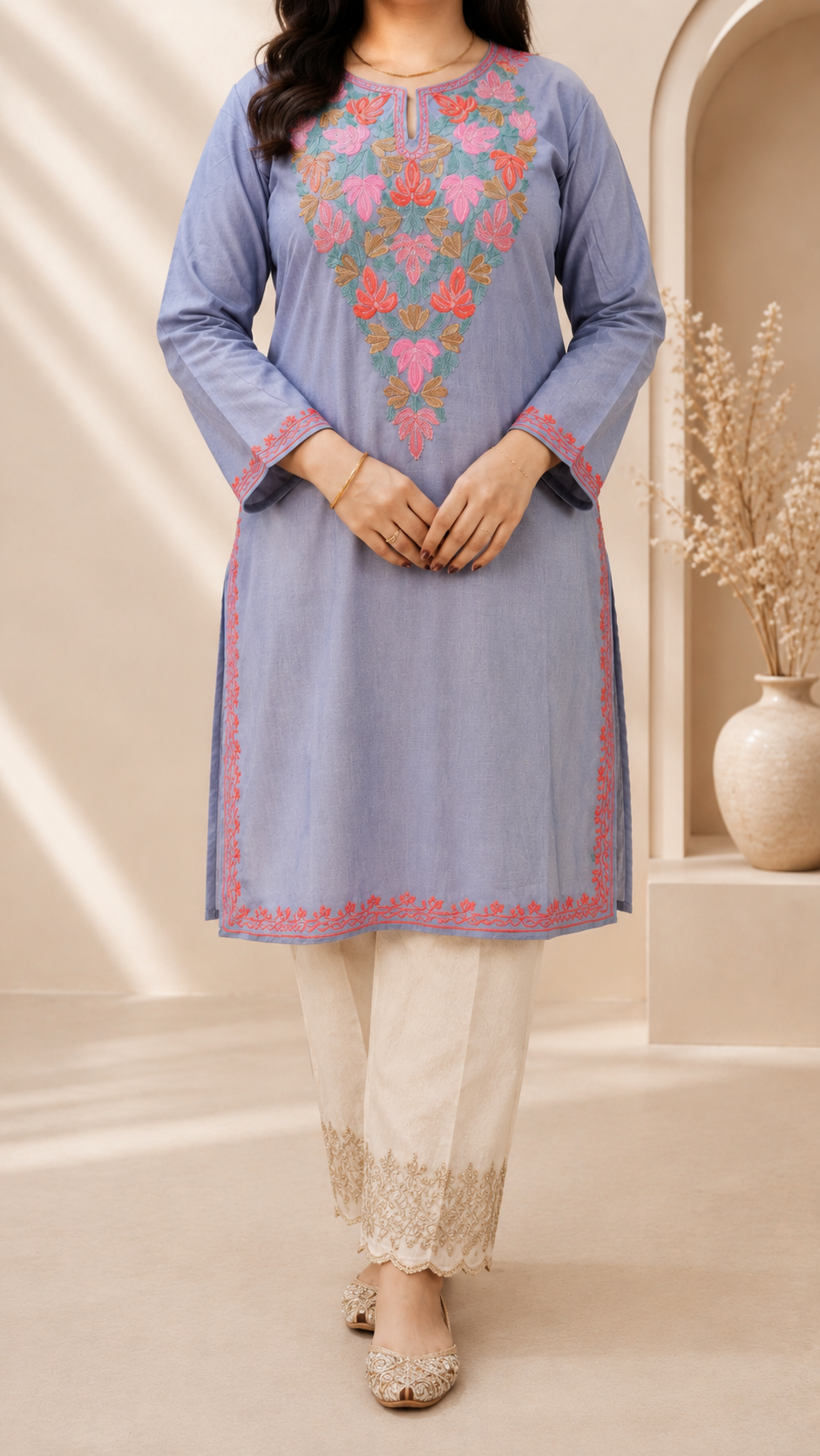 Aari Work Long Kurti in Grey Pink Ruby Cotton