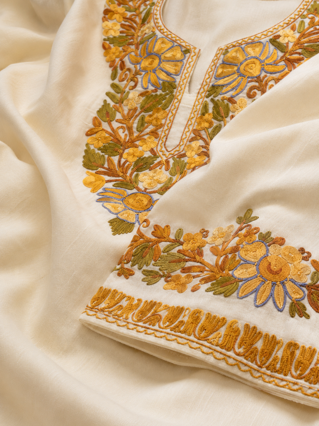 C-Cut Aari Work Cord Set in Beige Yellow Ruby Cotton