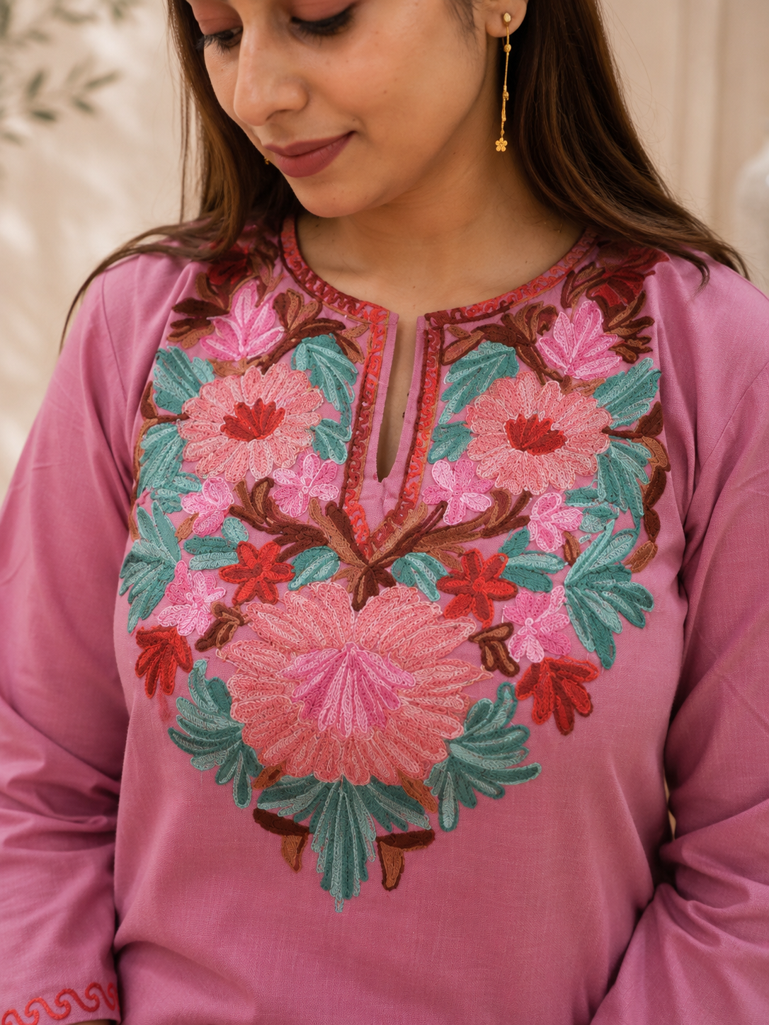 Dark Pink Aari Work Short Cord Set in Ruby Cotton