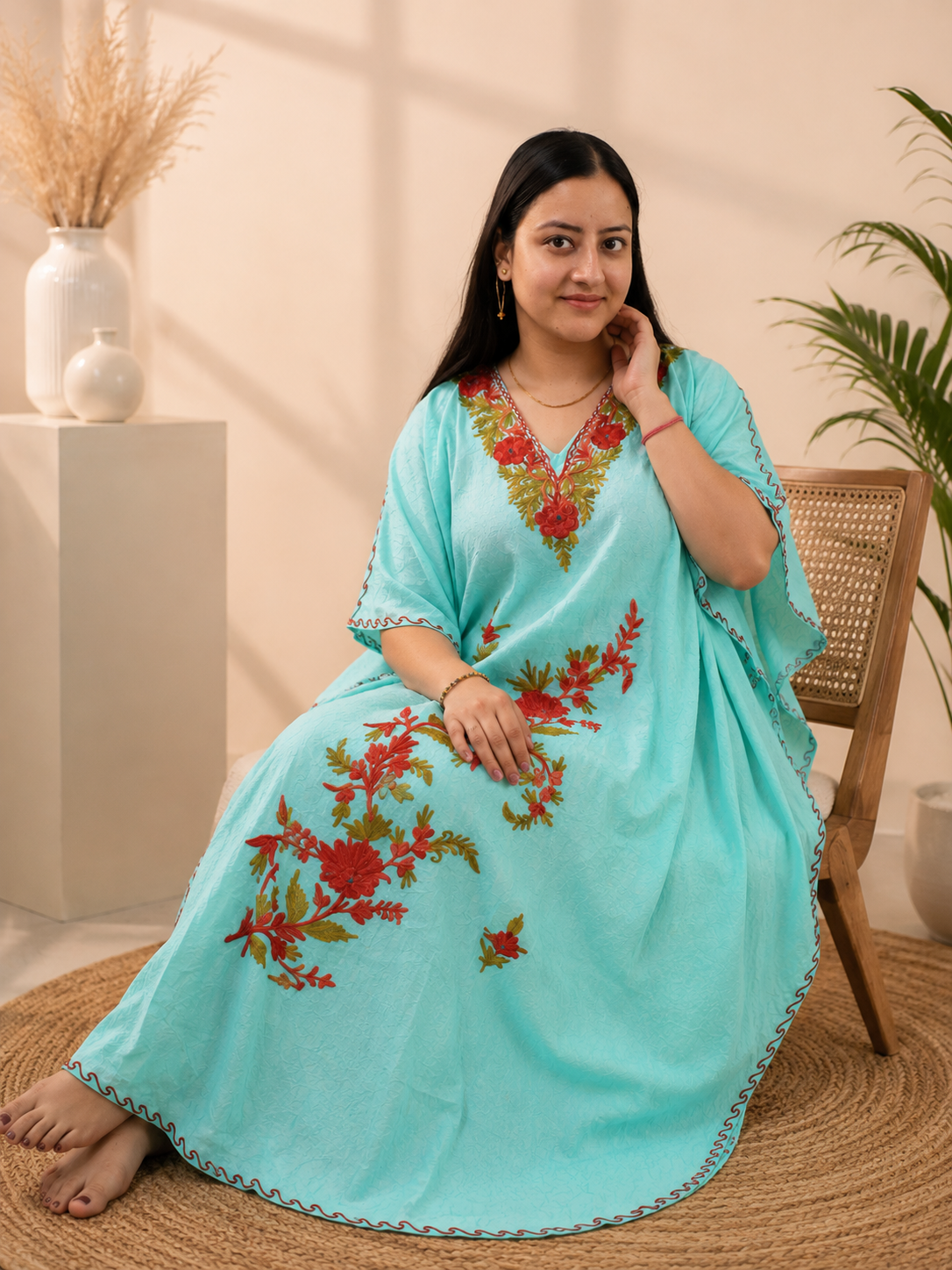 Aari Work Crushed Cotton Kaftan in Serene Sea Green